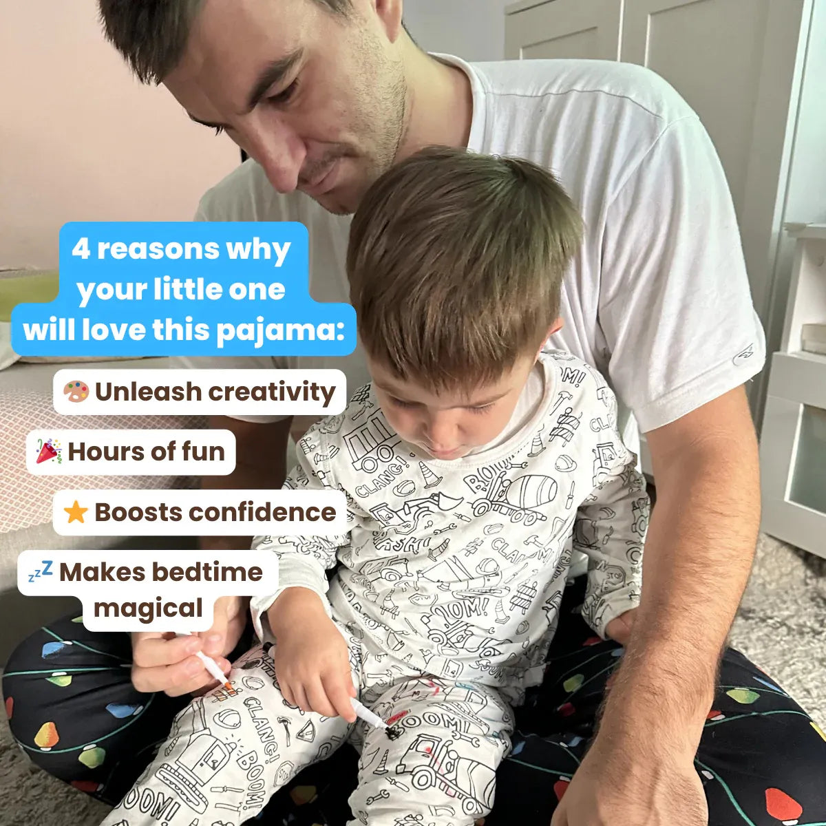 Kétrészes gyerek pizsama „Színezz ki!” – Teherautók és markolók (4+ éves kortól)
