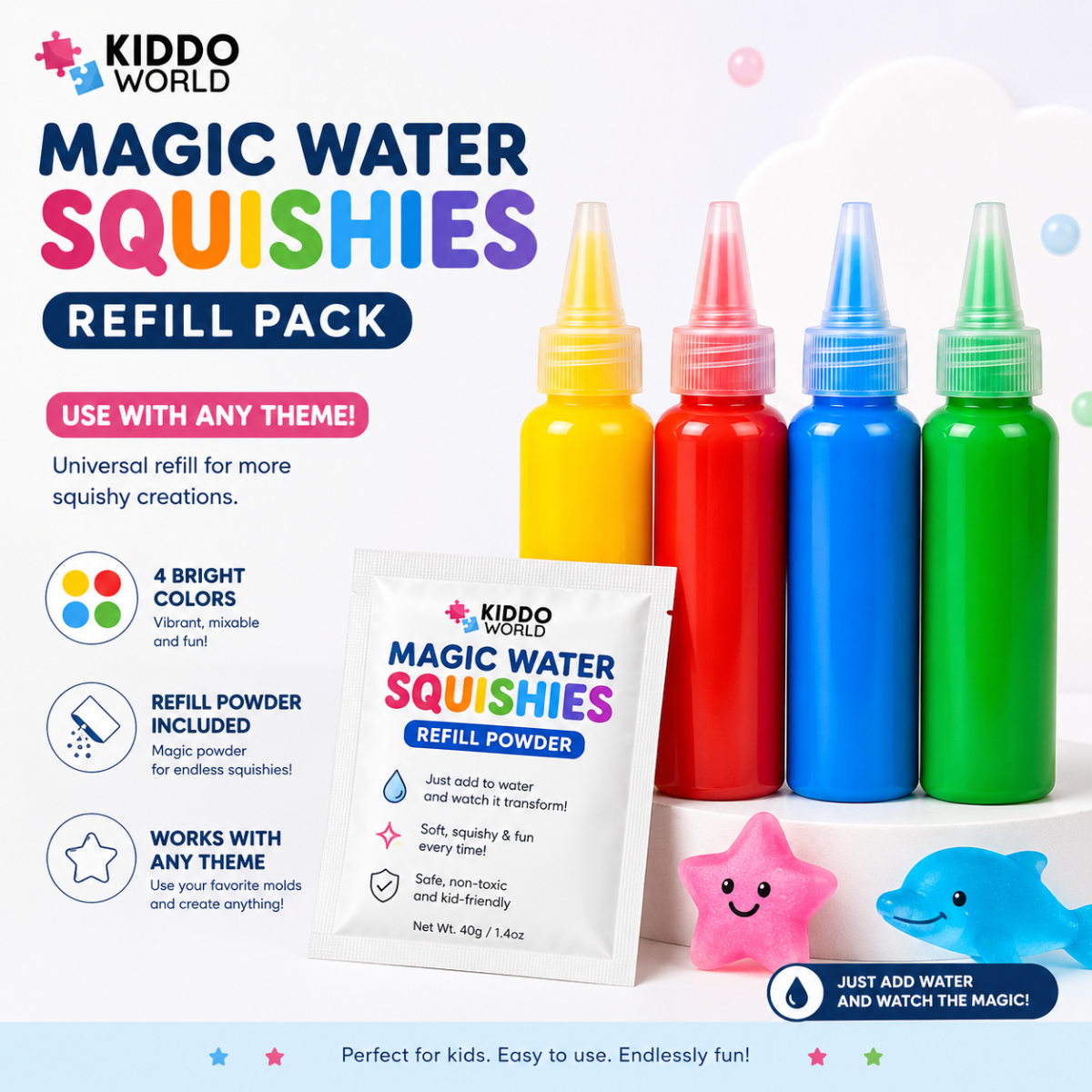 Magic Water Squishy Refill Pack – Utántöltő 4 szín + 1 varázspor (Minden készlettel kompatibilis, 3+ év)