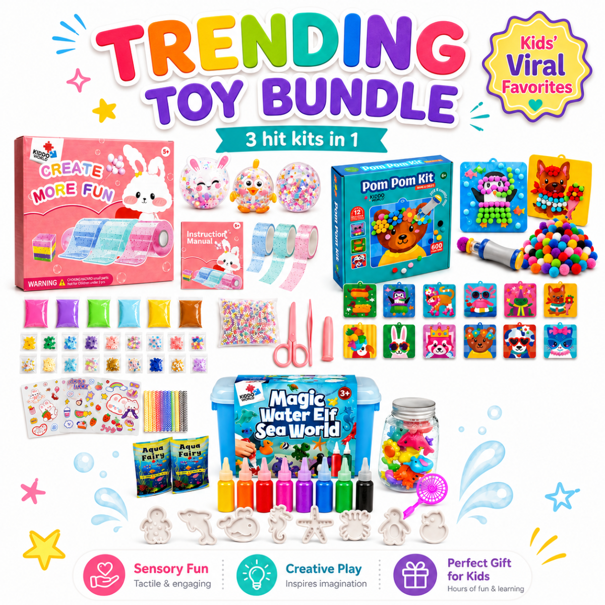 TOP HIT BUNDLE: Pom Pom Kit, Magic Water Squishies & Bubble Squishies