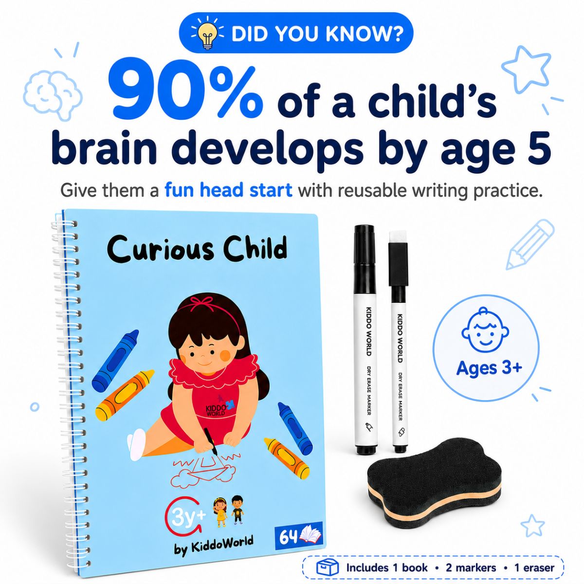 Curious Child | Letörölhető foglalkoztató füzet az írás és a logika fejlesztéséhez (64 oldal, 3+ év)
