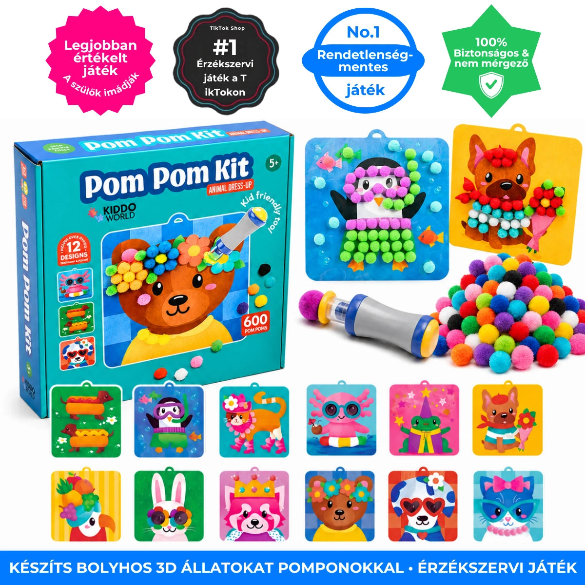 Pom Pom Kit – készíts puha 3D állatkákat színes pomponokból, rendetlenség nélkül! (5+ év)
