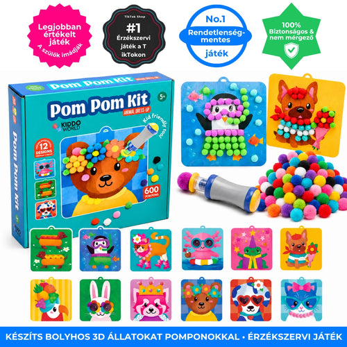 Pom Pom Kit – doboz, pomponok, eszköz és állatos kártyák