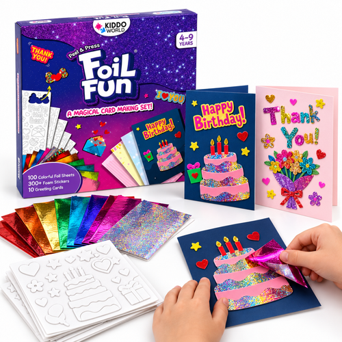Foil Fun Képeslapok – doboz, színes fóliák és kész csillogó képeslapok