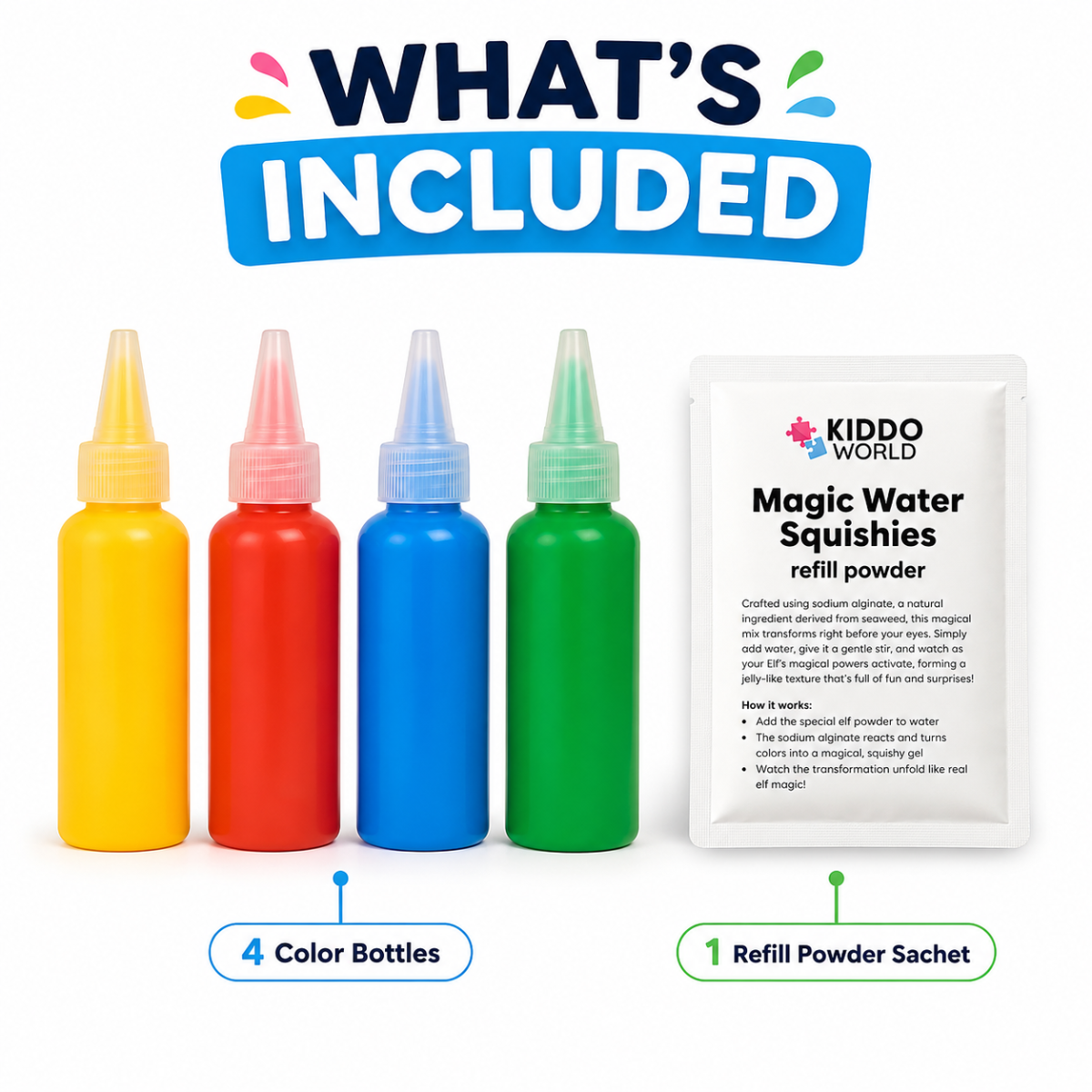 Magic Water Squishy Refill Pack – Utántöltő 4 szín + 1 varázspor (Minden készlettel kompatibilis, 3+ év)