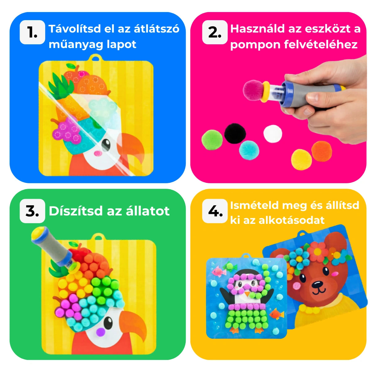 Pom Pom Kit – készíts puha 3D állatkákat színes pomponokból, rendetlenség nélkül! (5+ év)