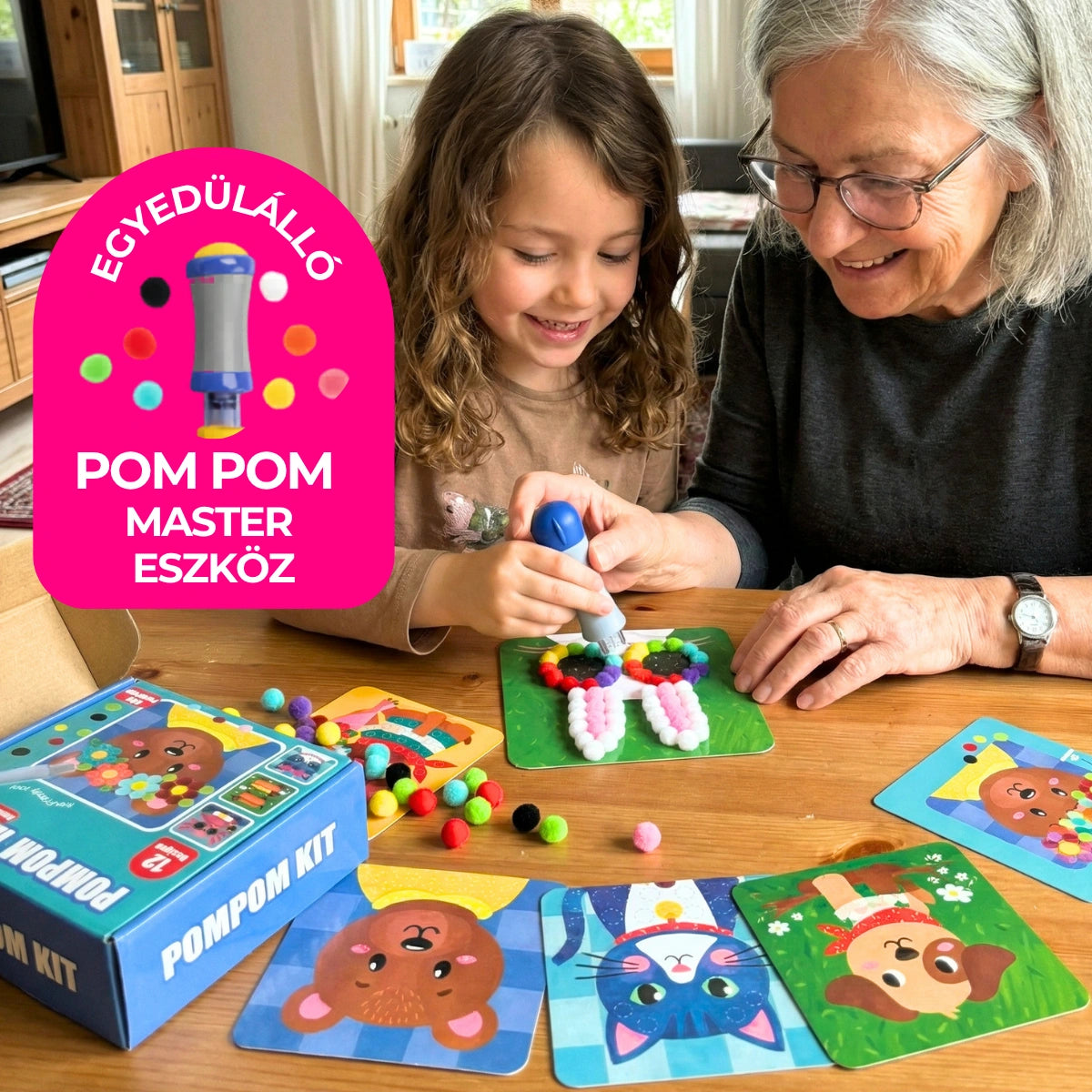 Pom Pom Kit – készíts puha 3D állatkákat színes pomponokból, rendetlenség nélkül! (5+ év)
