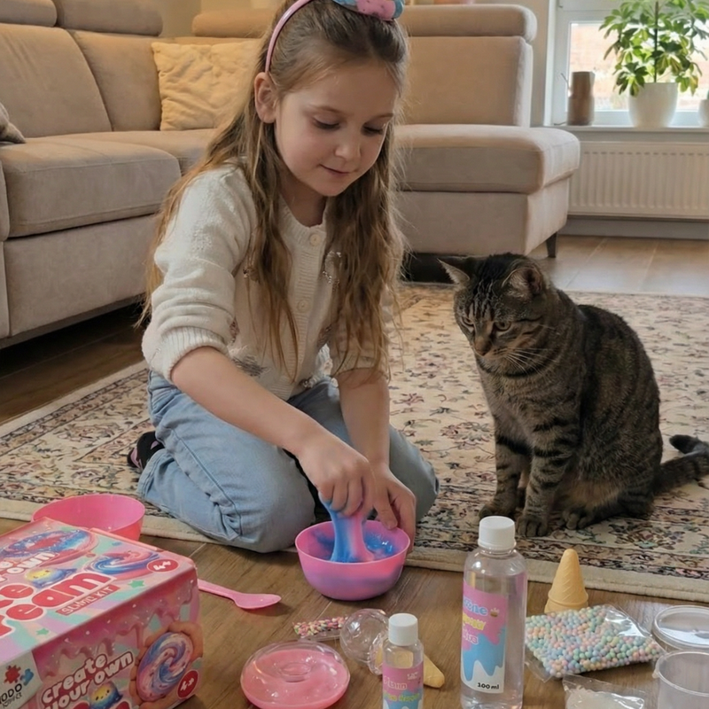 Kislány rózsaszín-kék fagylaltos slime-ot gyúr a nappaliban, mellette a cica figyel
