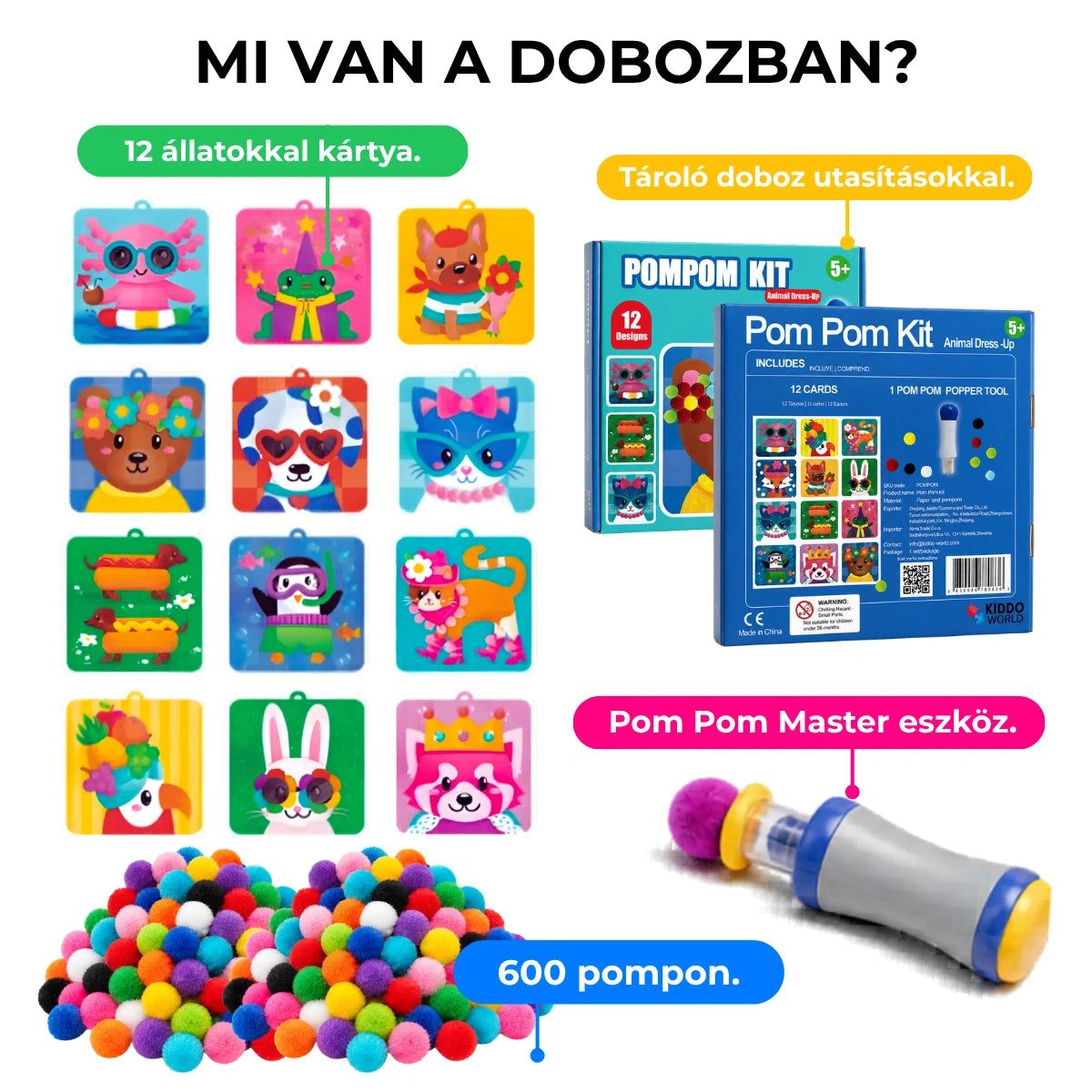 Pom Pom Kit – készíts puha 3D állatkákat színes pomponokból, rendetlenség nélkül! (5+ év)
