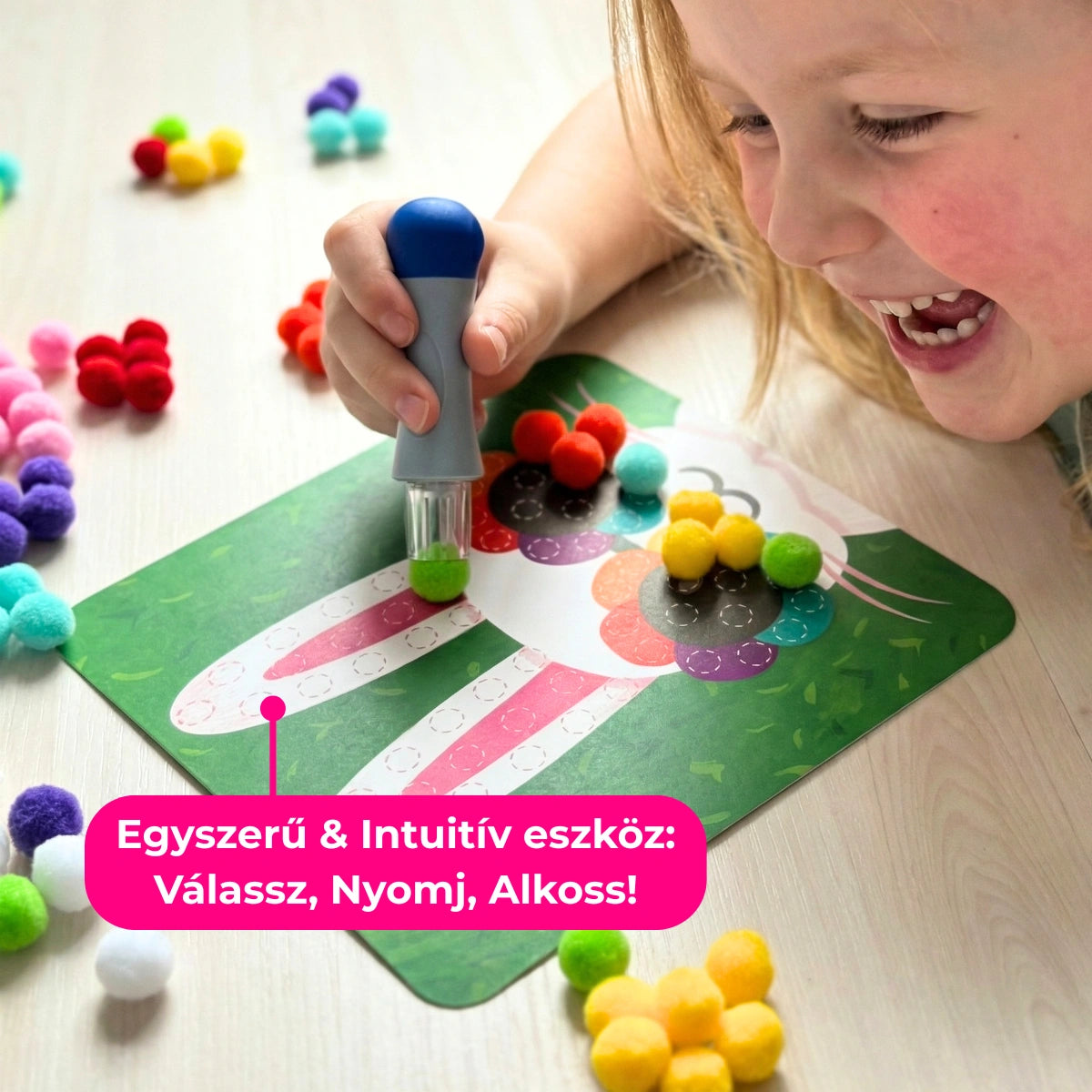 Pom Pom Kit – készíts puha 3D állatkákat színes pomponokból, rendetlenség nélkül! (5+ év)