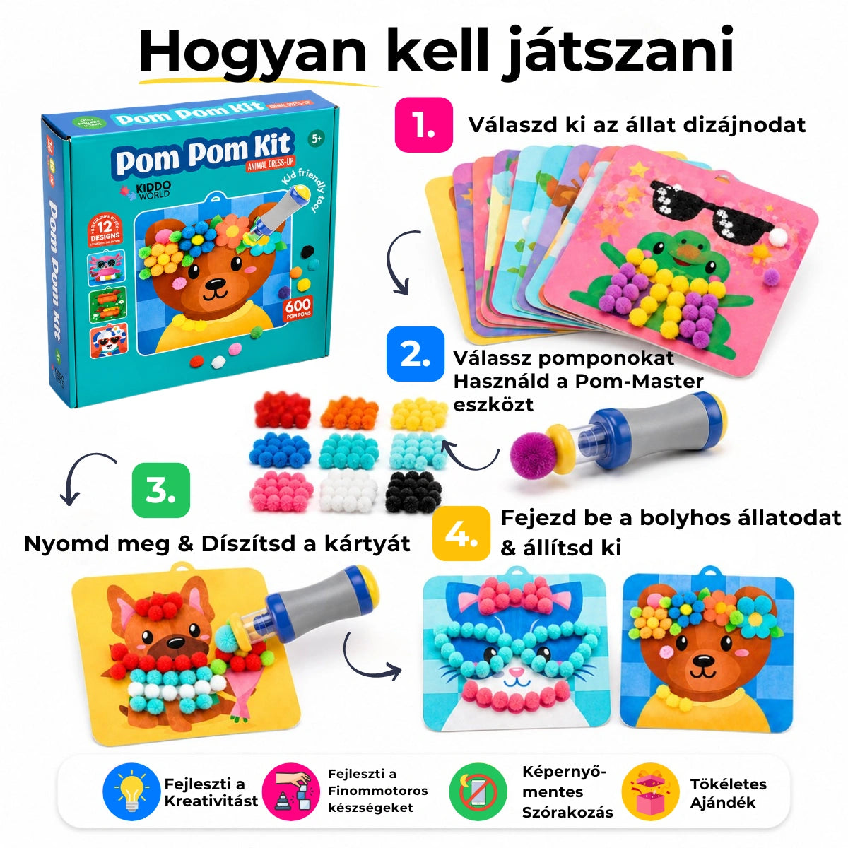 Pom Pom Kit – készíts puha 3D állatkákat színes pomponokból, rendetlenség nélkül! (5+ év)