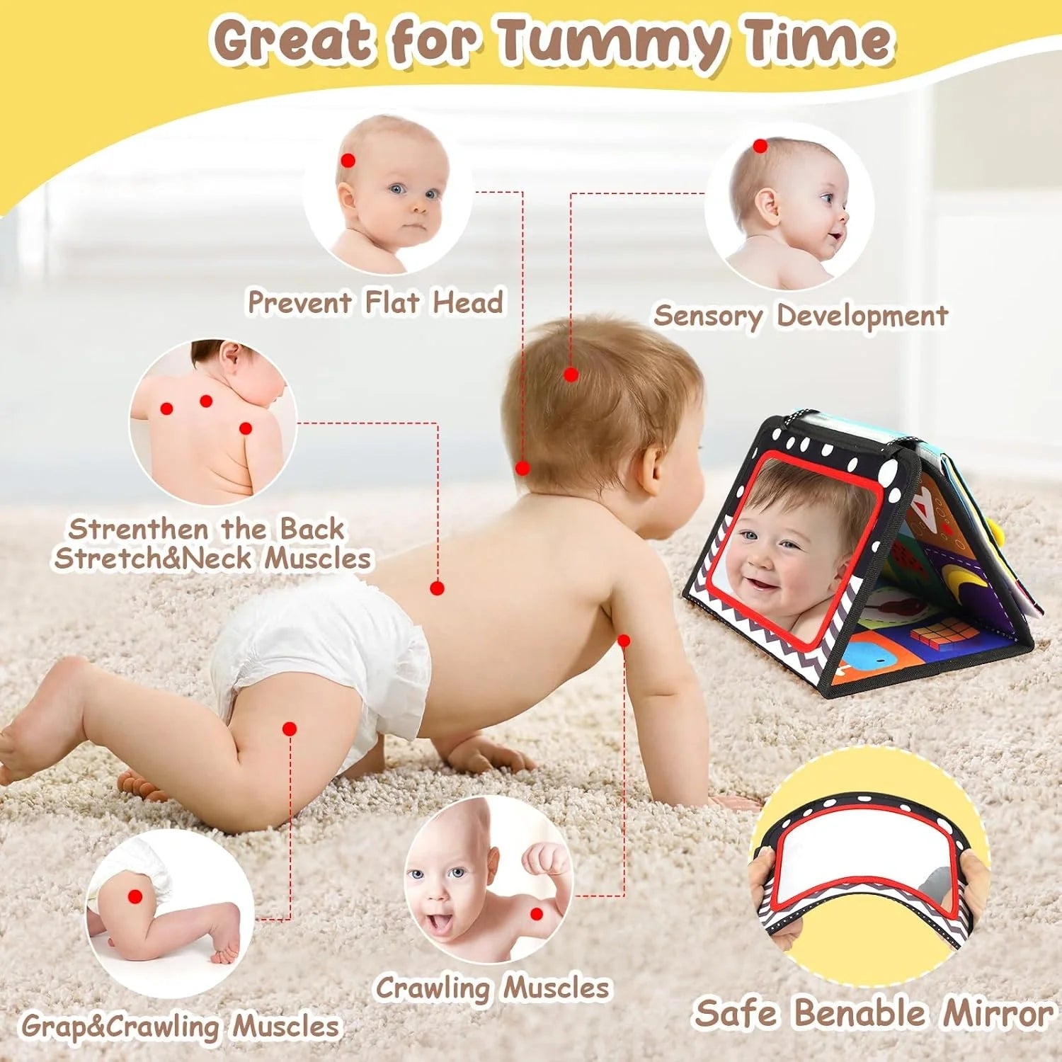 Szenzoros játszószőnyeg tükörrel tummy time-hoz – támogatja a baba fejlődését az első napoktól! (0+ hónap)