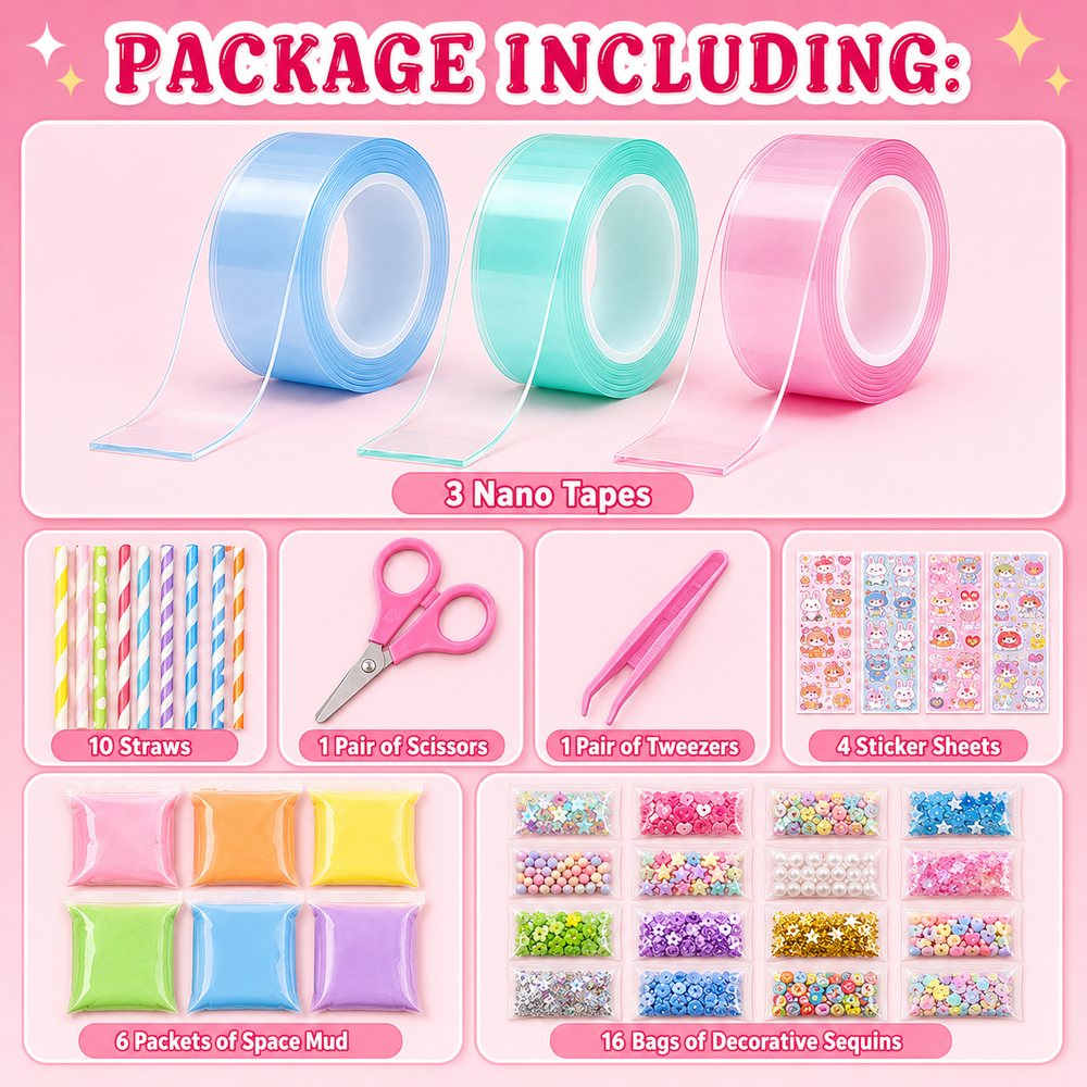 A Bubble Squishies készlet tartalma: 3 nano szalag, töltelékek, flitterek, olló, csipesz, szívószálak és matricák
