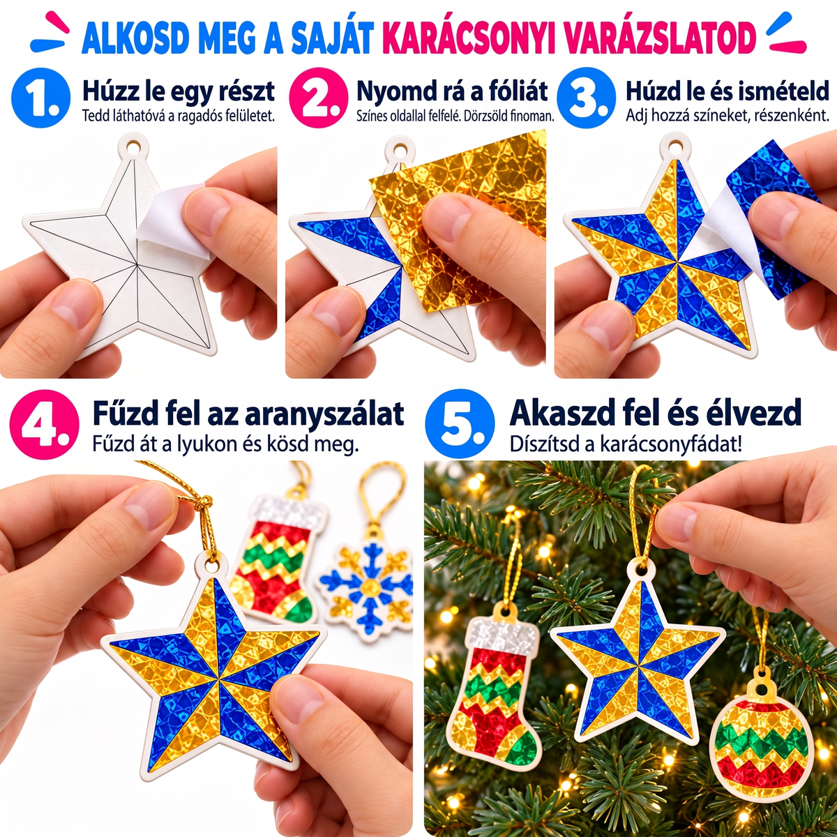 Varázslatos csillogó karácsonyi díszek karácsonyfára, ablakra vagy falra (4+ év)