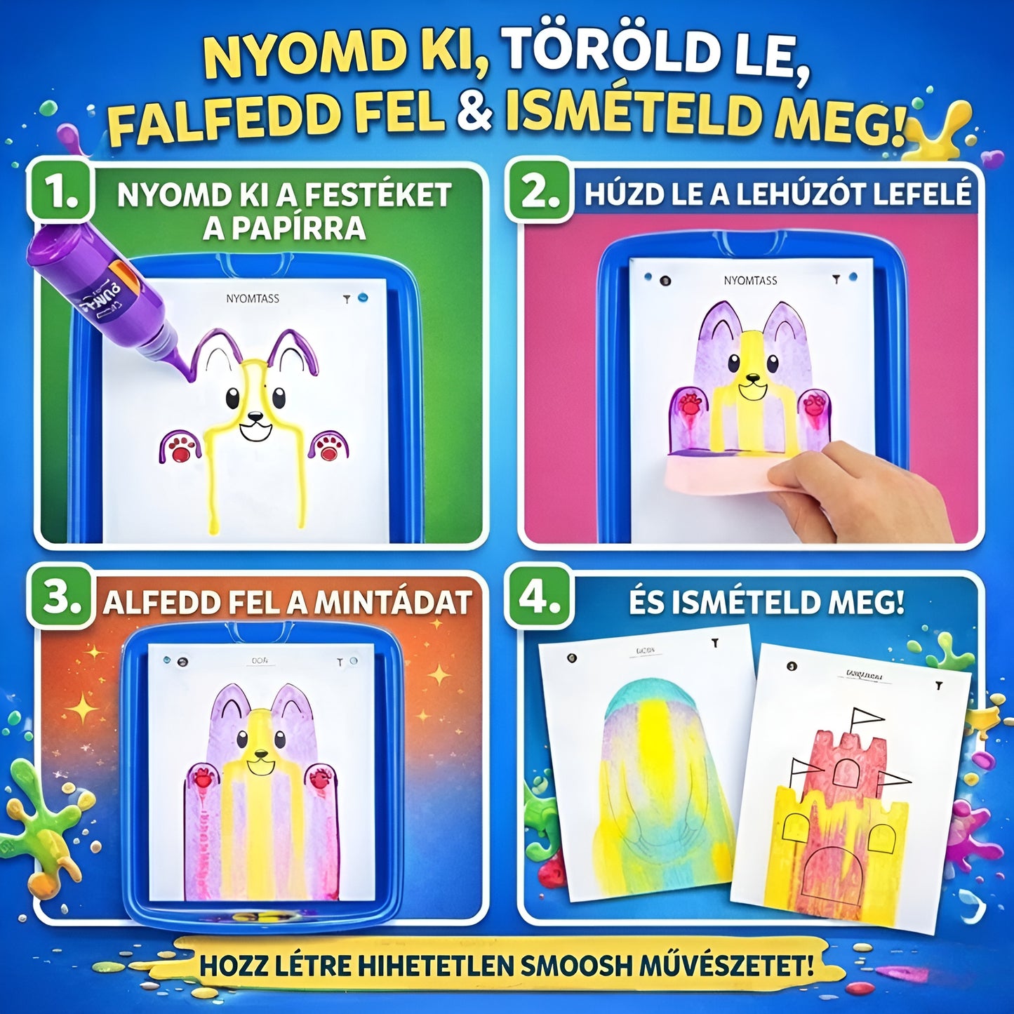Squeegee Art Kit Magic Reveal eszközzel | Végtelen alkotás rendetlenség nélkül | 30 kreatív lap + 5 szín