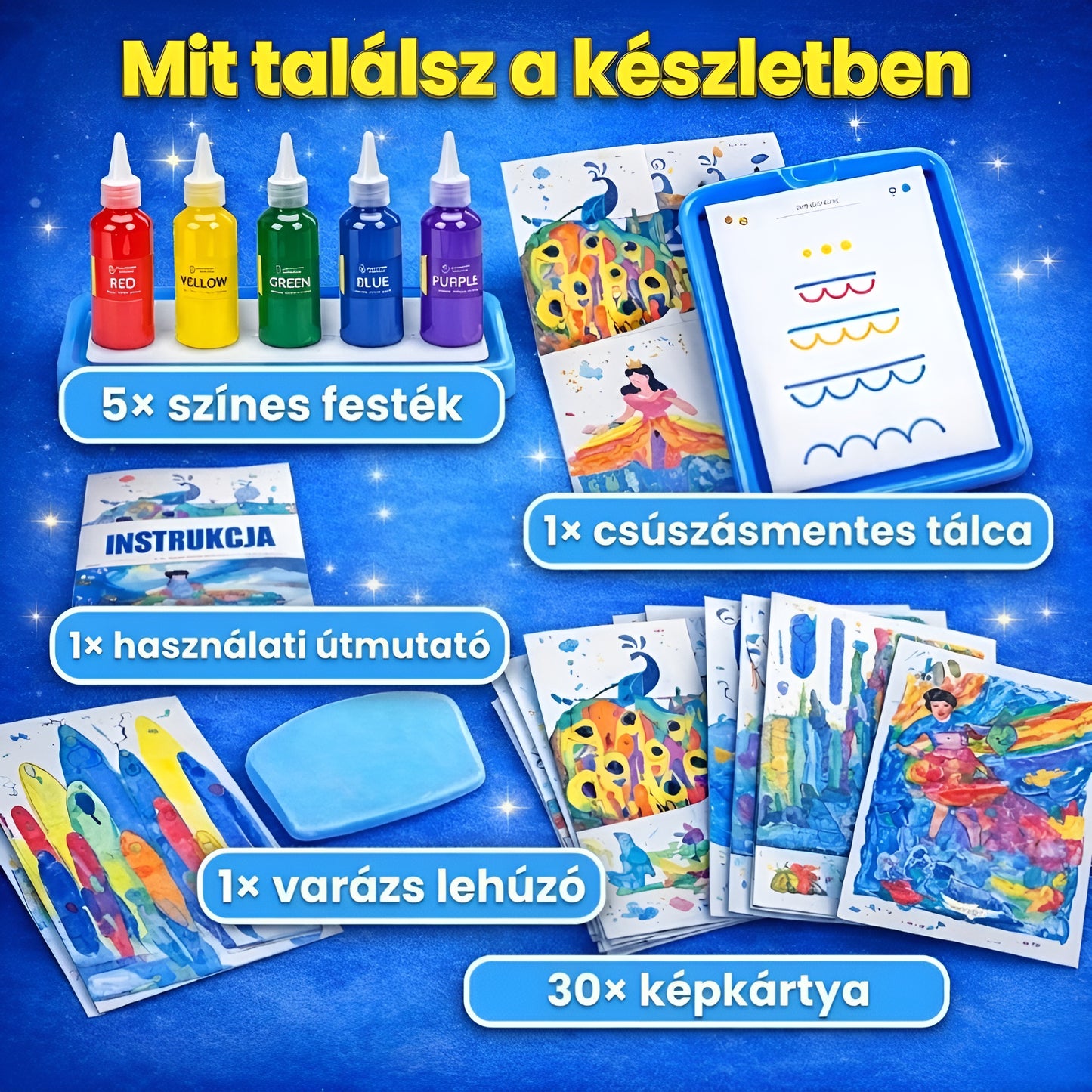 Squeegee Art Kit Magic Reveal eszközzel | Végtelen alkotás rendetlenség nélkül | 30 kreatív lap + 5 szín
