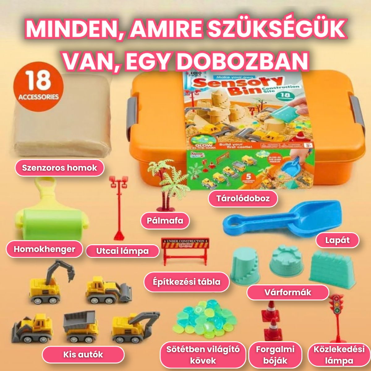 Építős Szenzoros Homokozó | Montessori Játék Sötétben Világító Kövekkel | 18 Részes Szett