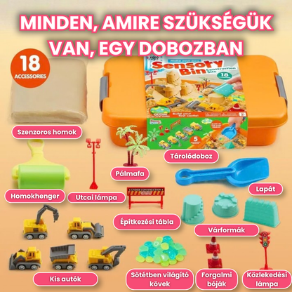 Építős Szenzoros Homokozó | Montessori Játék Sötétben Világító Kövekkel | 18 Részes Szett