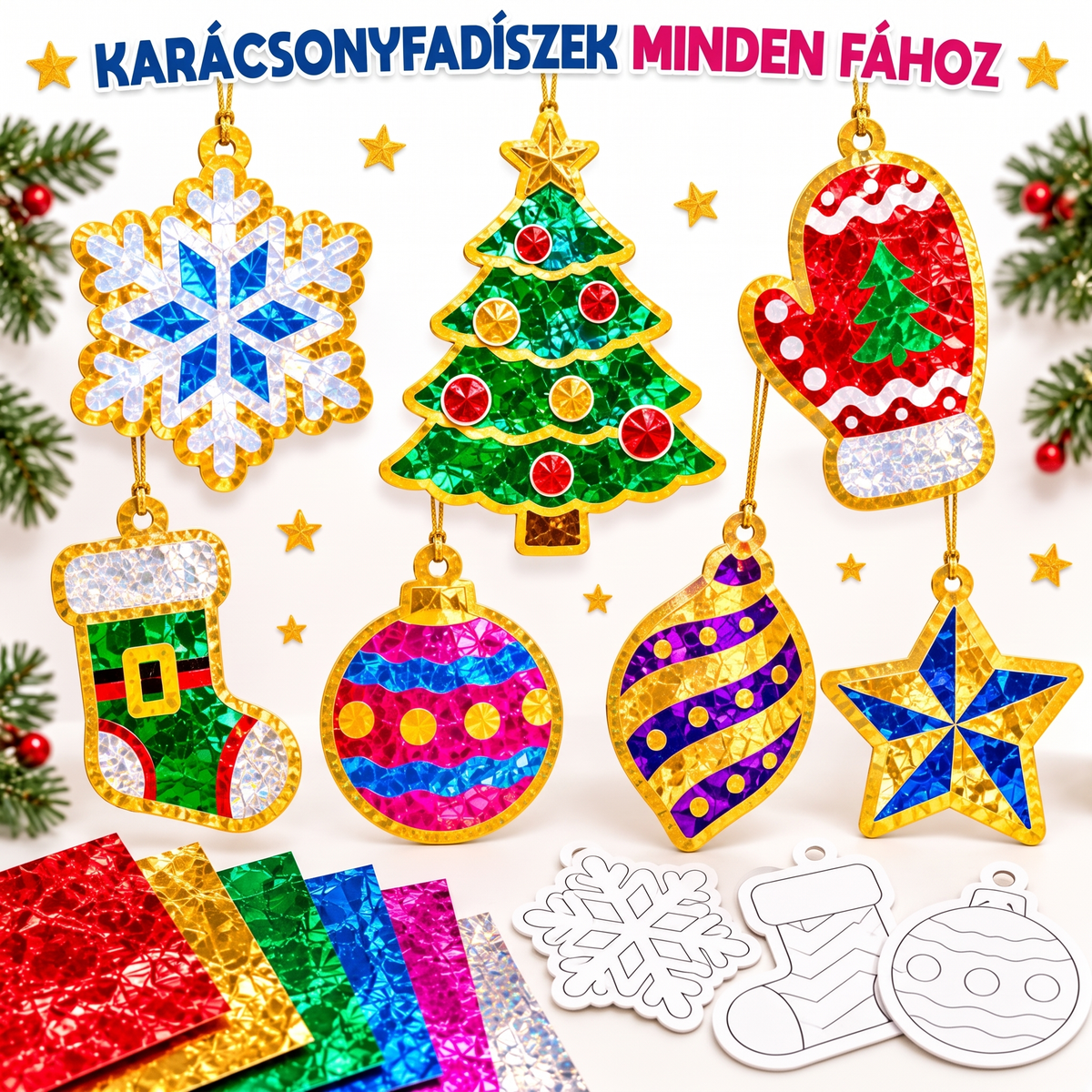 Varázslatos csillogó karácsonyi díszek karácsonyfára, ablakra vagy falra (4+ év)