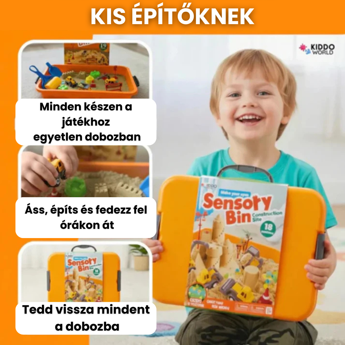 Építős Szenzoros Homokozó | Montessori Játék Sötétben Világító Kövekkel | 18 Részes Szett
