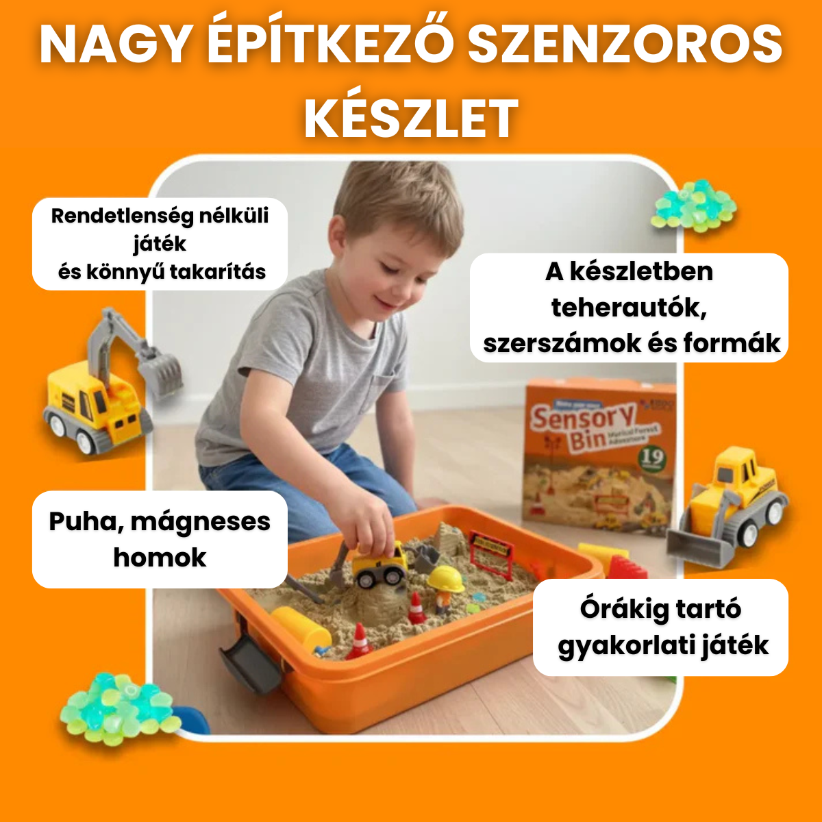 Építős Szenzoros Homokozó | Montessori Játék Sötétben Világító Kövekkel | 18 Részes Szett