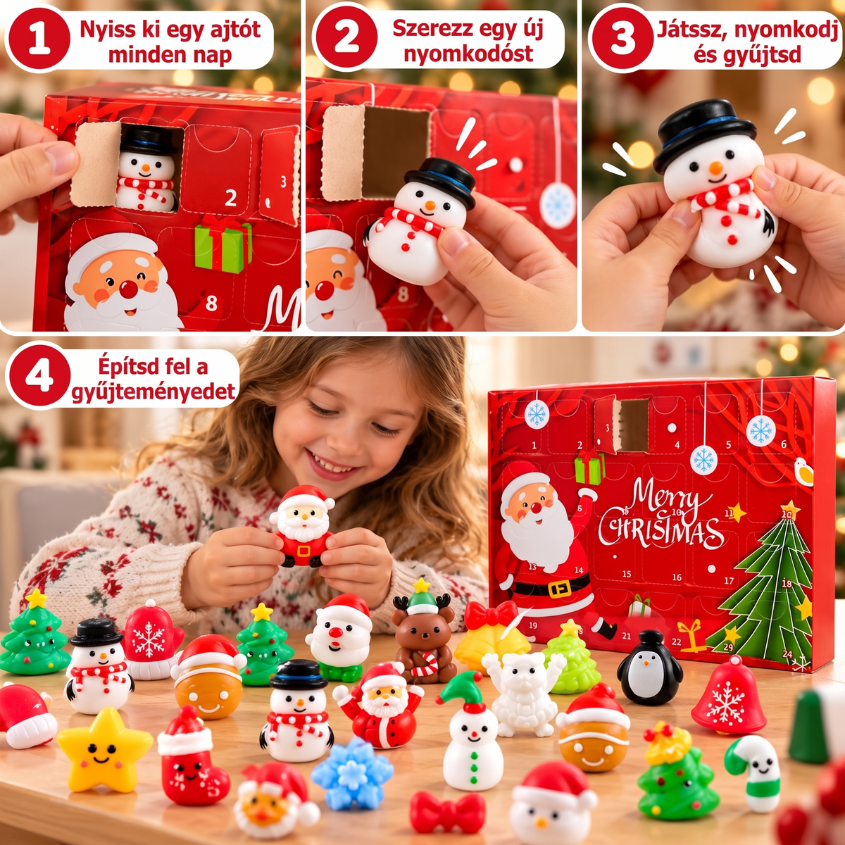 Karácsonyi Squishy adventi naptár – 24 meglepetés Squishy játék (3+ éves kortól)