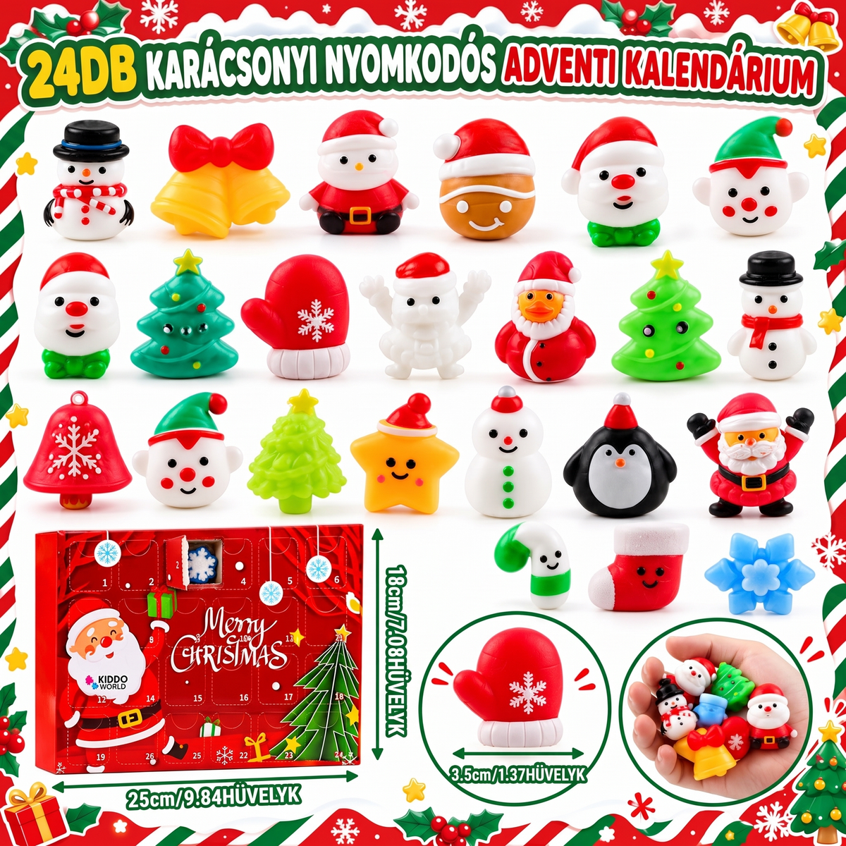 Az adventi naptár mind a 24 karácsonyi squishy játéka és a csomag méretei