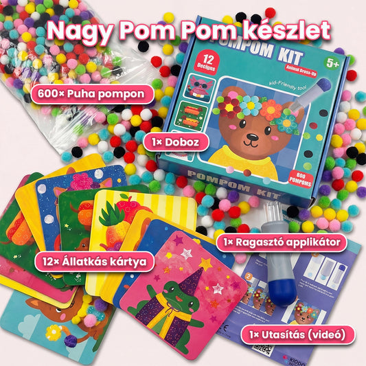 Pomponkészítő készlet applikátorral | 12 állatos kártya + 600 pompon
