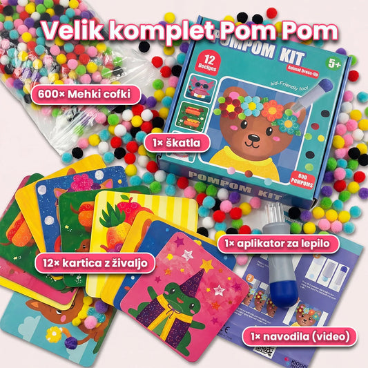 Pomponkészítő készlet applikátorral | 12 állatos kártya + 600 pompon