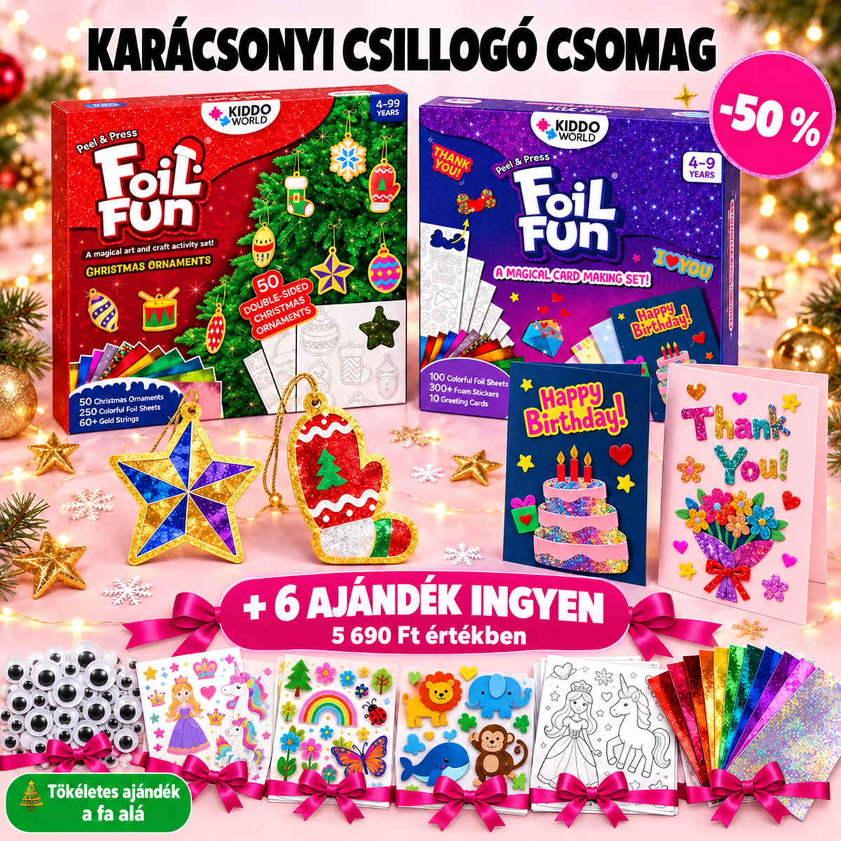 Foil Fun karácsonyi csillogó csomag: Karácsonyi díszek, Képeslapok és 6 ingyenes ajándék