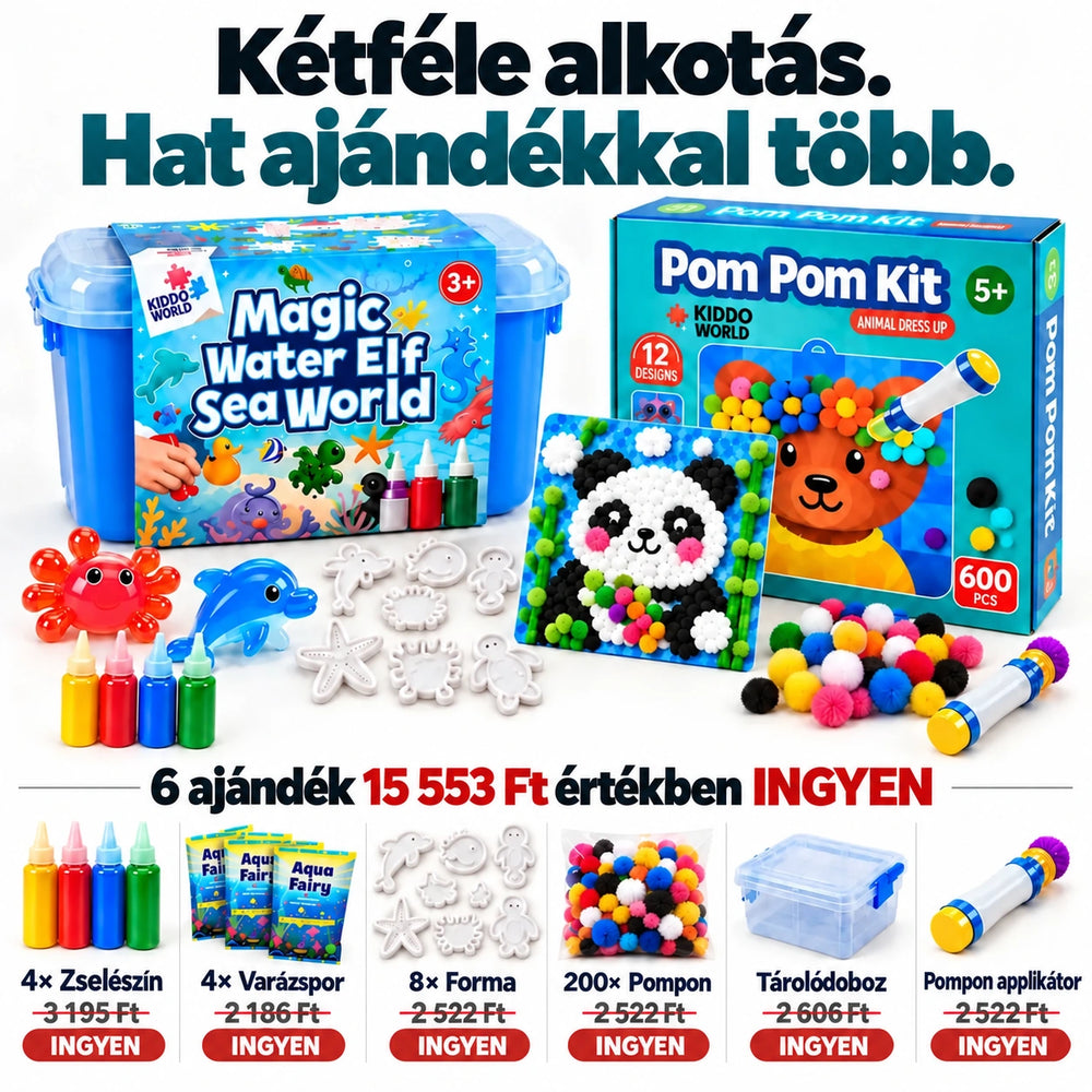 Nagy kreatív csomag | 2 készlet + 6 INGYENES ajándék – Pom Pom Kit és Magic Water Squishies